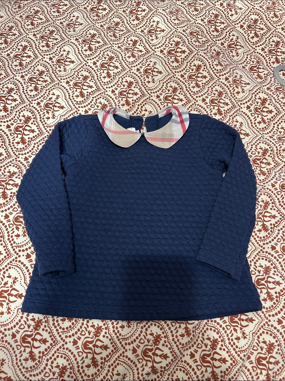 Bella BlissNavy Quilted Top with Red and Cream Plaid Collar